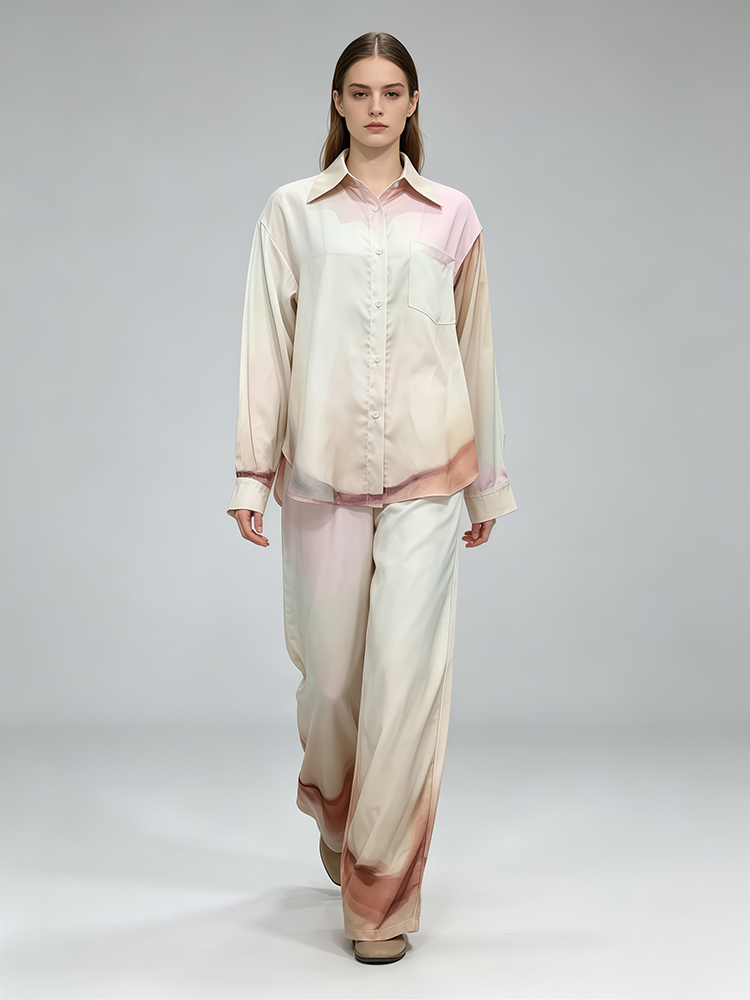 TWOTWINSTYLE Lapel Long Sleeves Shirt High Waist Wide Leg Pants Tie Dye Set