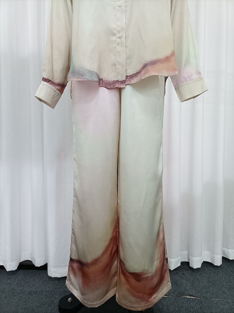 TWOTWINSTYLE Lapel Long Sleeves Shirt High Waist Wide Leg Pants Tie Dye Set