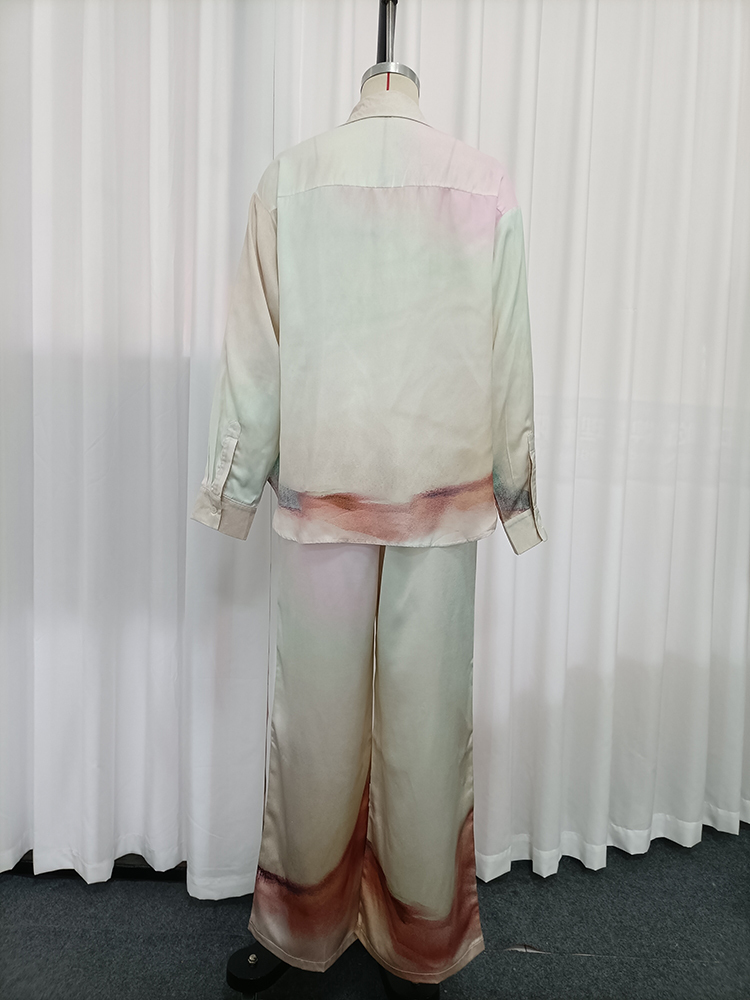 TWOTWINSTYLE Lapel Long Sleeves Shirt High Waist Wide Leg Pants Tie Dye Set