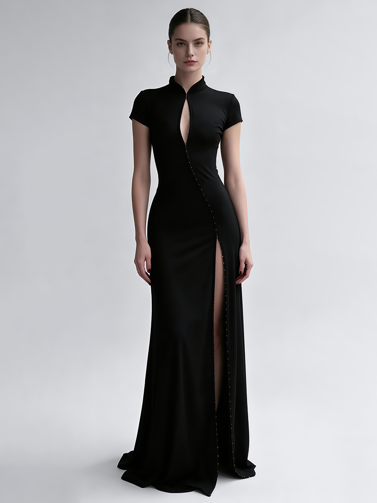 TWOTWINSTYLE Stand Collar Short Sleeves Patchwork Hollow Vintage Maxi Dress