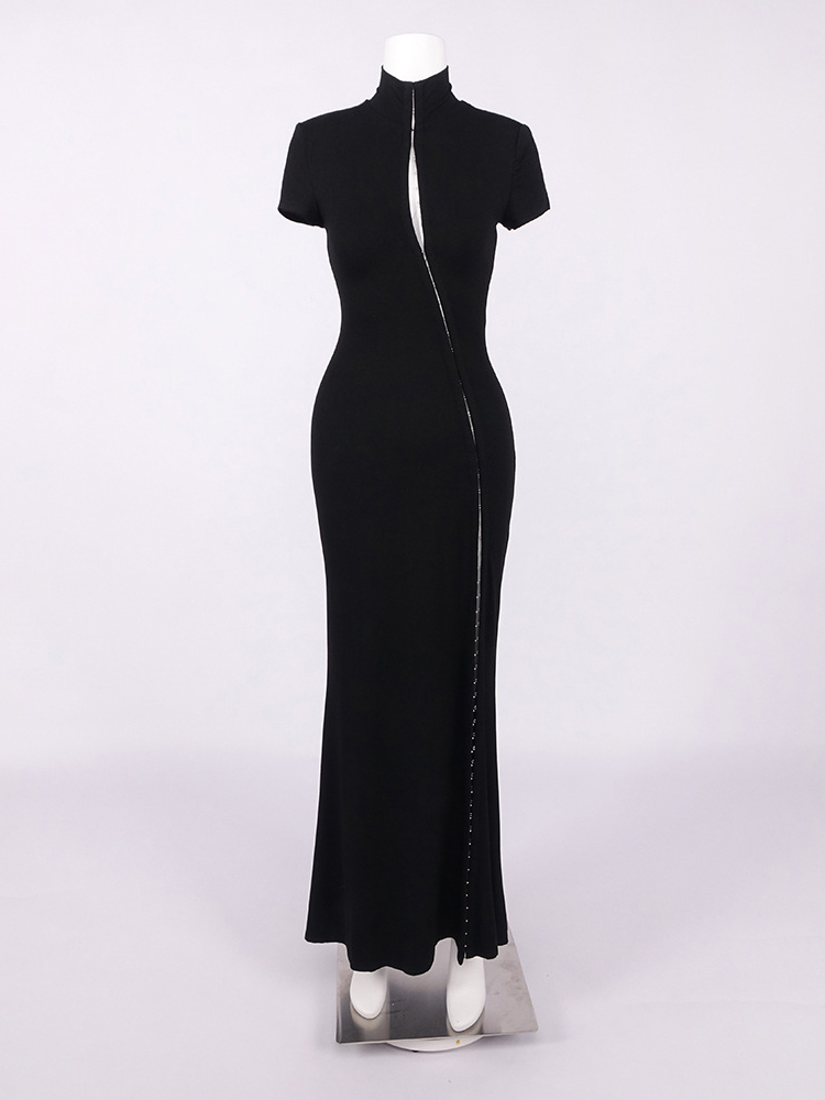 TWOTWINSTYLE Stand Collar Short Sleeves Patchwork Hollow Vintage Maxi Dress