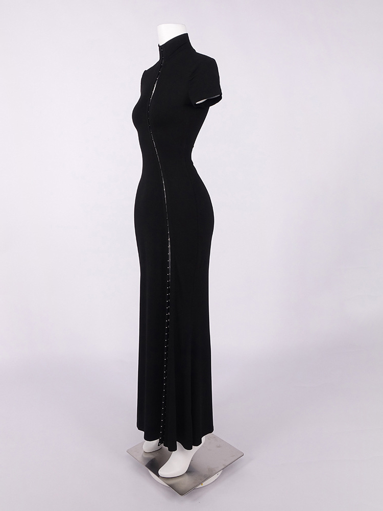 TWOTWINSTYLE Stand Collar Short Sleeves Patchwork Hollow Vintage Maxi Dress