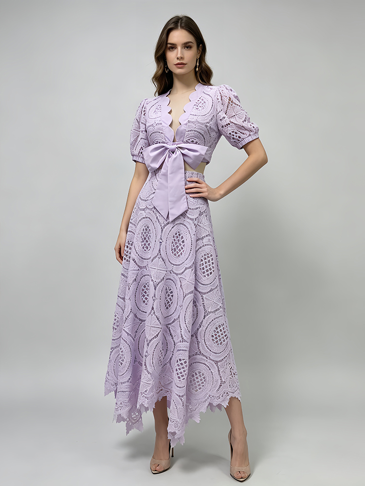 TWOTWINSTYLE V Neck Short Sleeves Bowknot Top Irregular Skirt Elegant Set