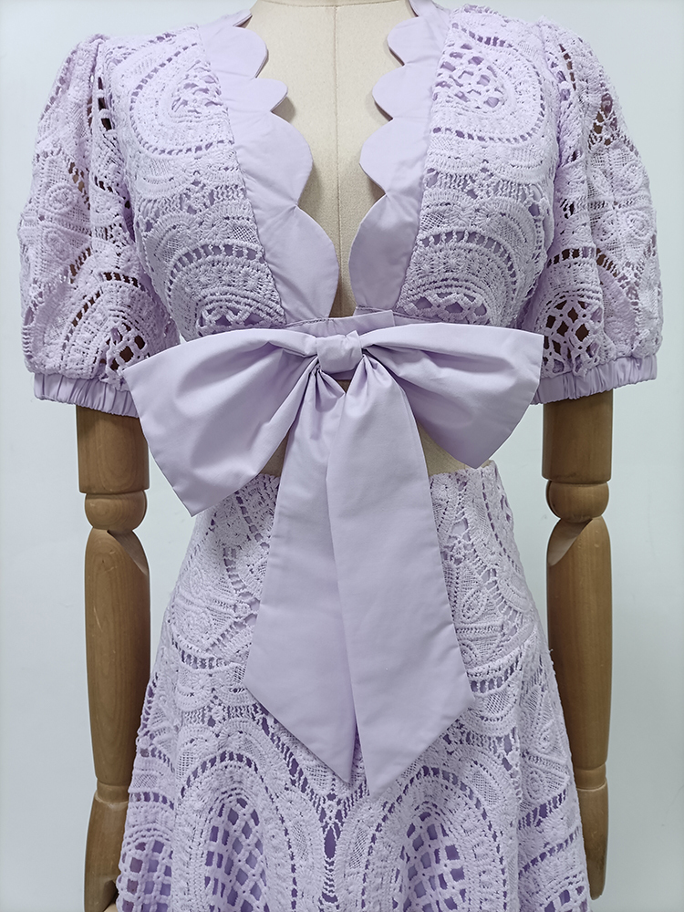 TWOTWINSTYLE V Neck Short Sleeves Bowknot Top Irregular Skirt Elegant Set