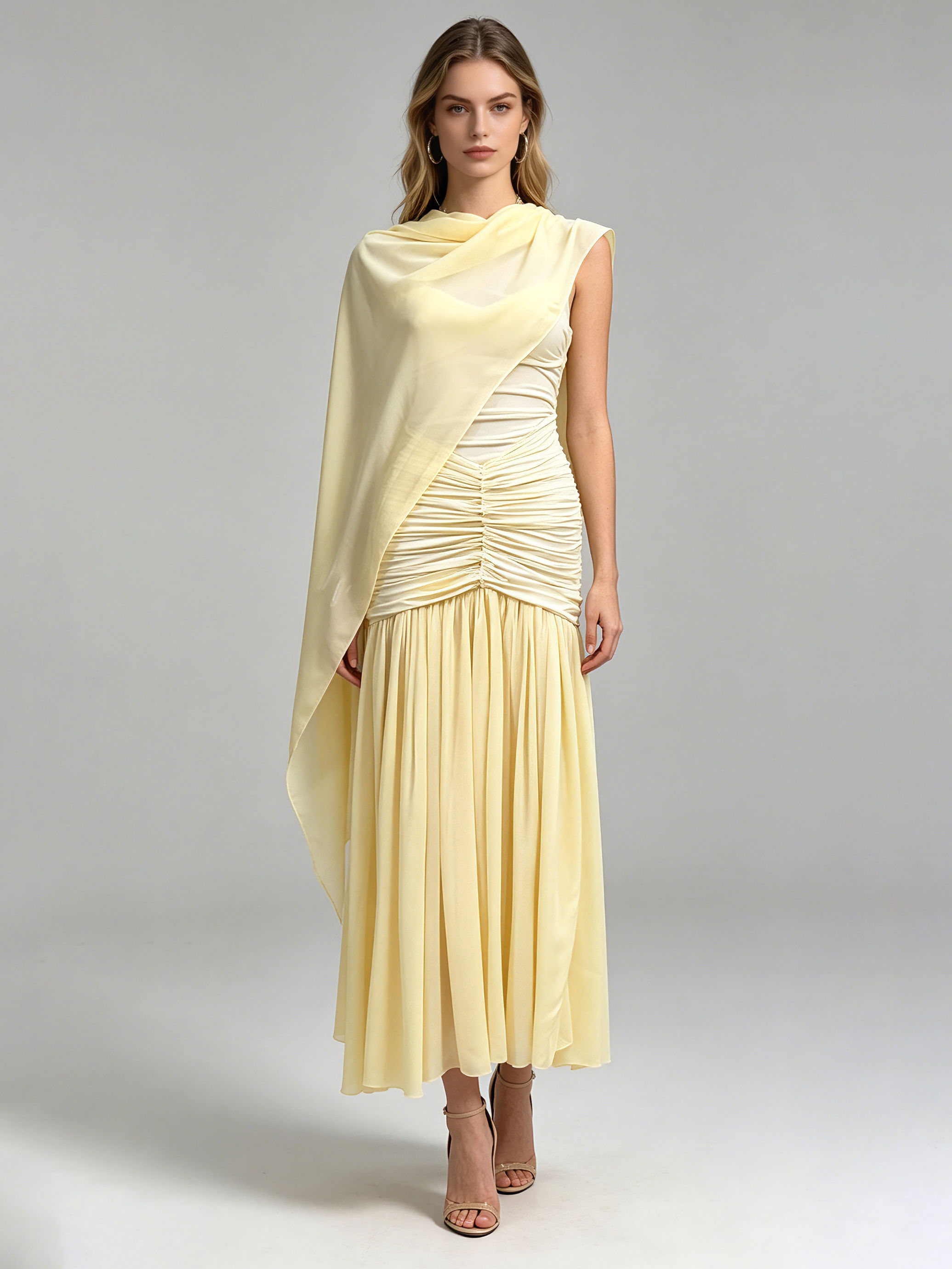 TWOTWINSTYLE Off Shoulder Patchwork Shawl Ruched Elegant Dress