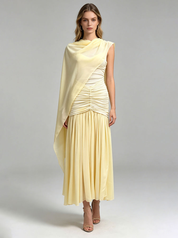 TWOTWINSTYLE Off Shoulder Patchwork Shawl Ruched Elegant Dress
