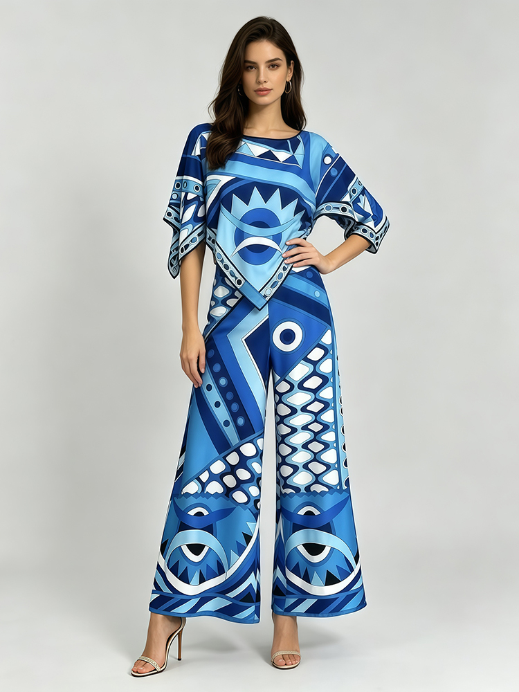 TWOTWINSTYLE Round Neck Irregular Top Geometric Print Wide Leg Pants Chic Set