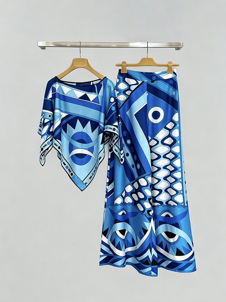 TWOTWINSTYLE Round Neck Irregular Top Geometric Print Wide Leg Pants Chic Set
