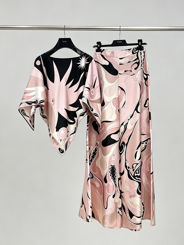 TWOTWINSTYLE Round Neck Irregular Top Geometric Print Wide Leg Pants Chic Set