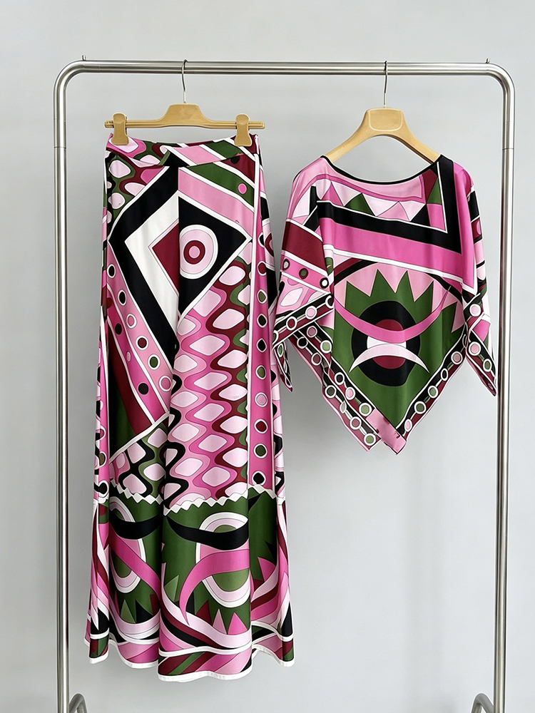 TWOTWINSTYLE Round Neck Irregular Top Geometric Print Wide Leg Pants Chic Set