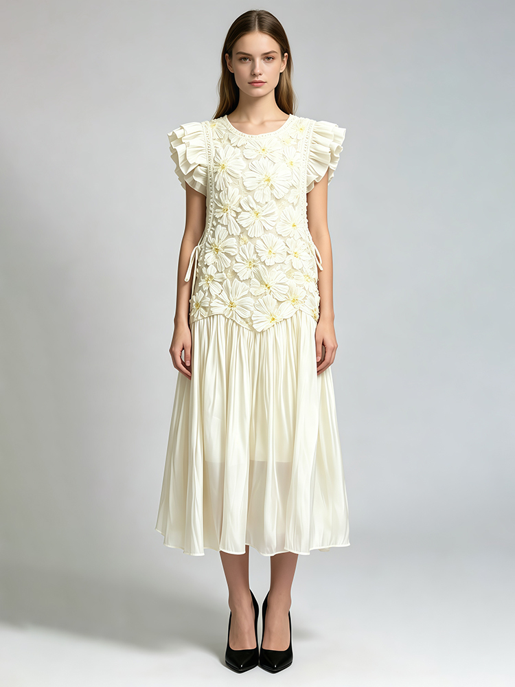 TWOTWINSTYLE Ruffled Sleeves Appliques Patchwork Lace Up Midi Dress