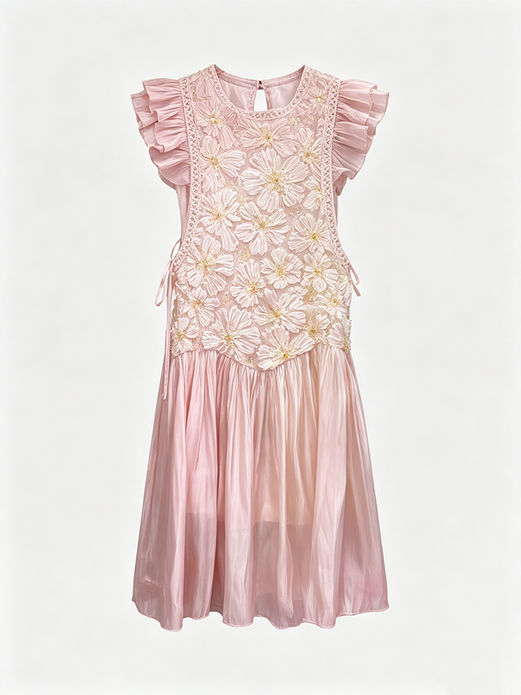 TWOTWINSTYLE Ruffled Sleeves Appliques Patchwork Lace Up Midi Dress