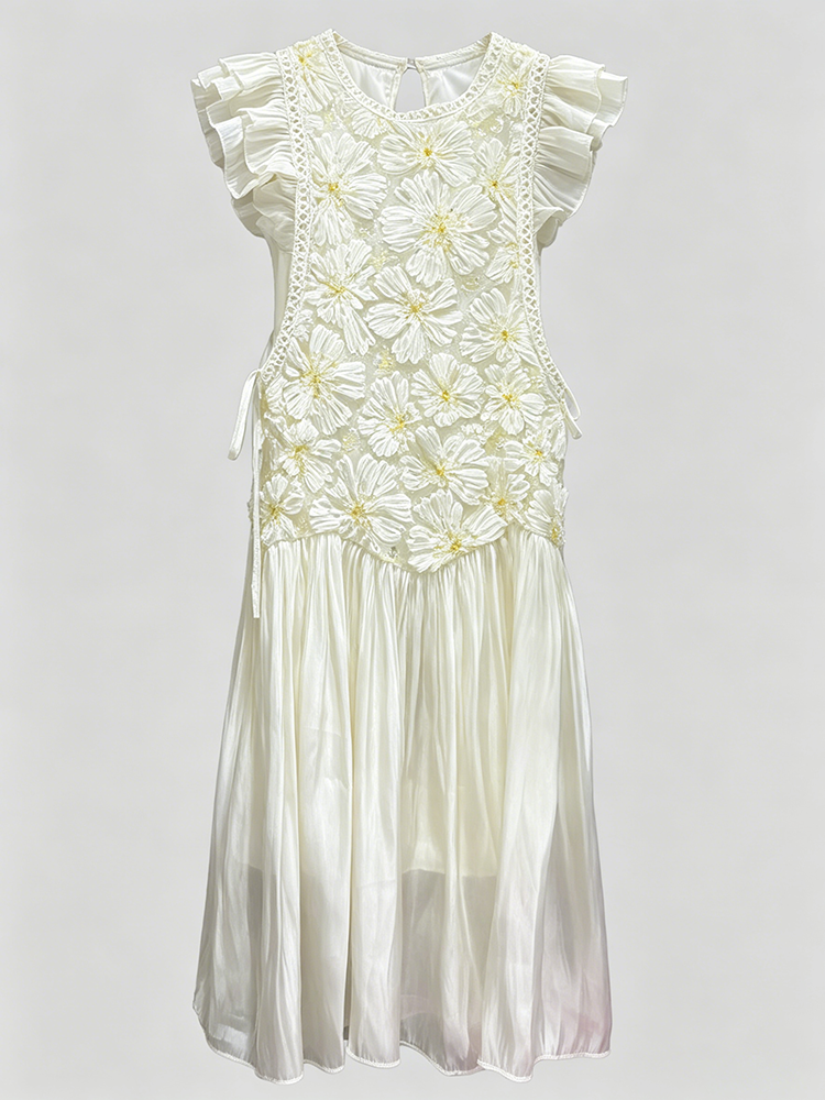 TWOTWINSTYLE Ruffled Sleeves Appliques Patchwork Lace Up Midi Dress