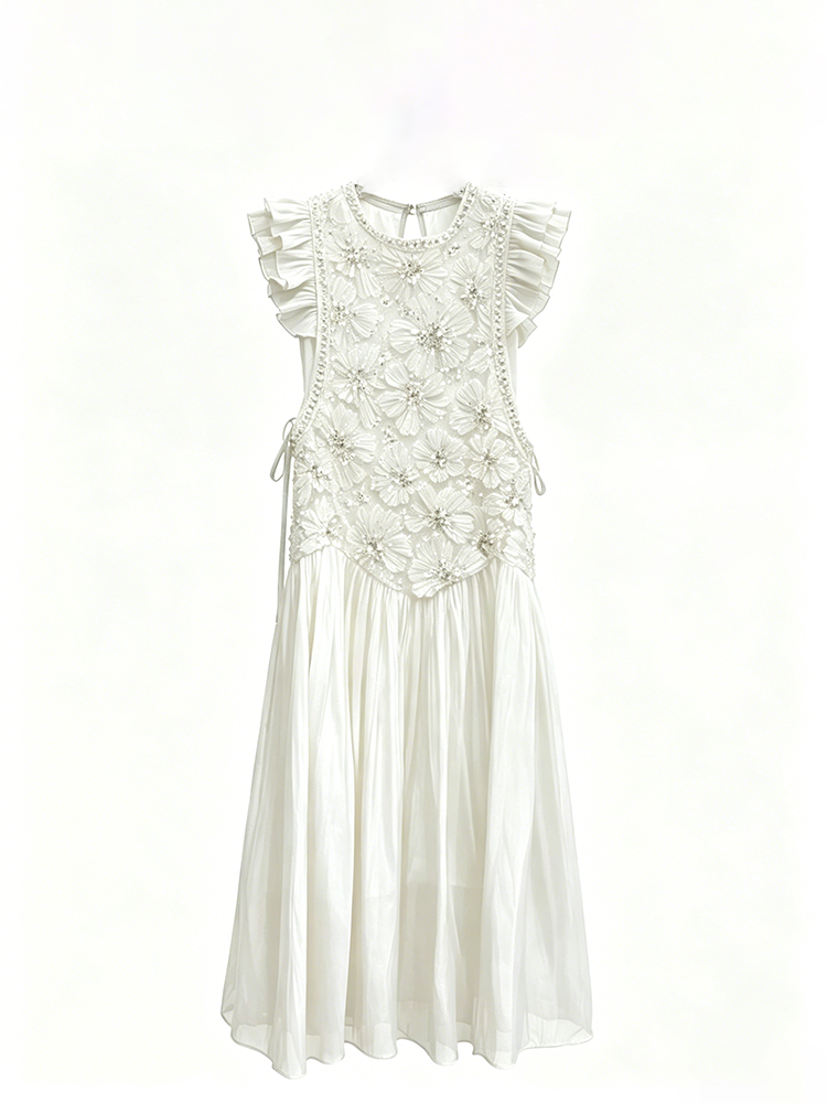 TWOTWINSTYLE Ruffled Sleeves Appliques Patchwork Lace Up Midi Dress