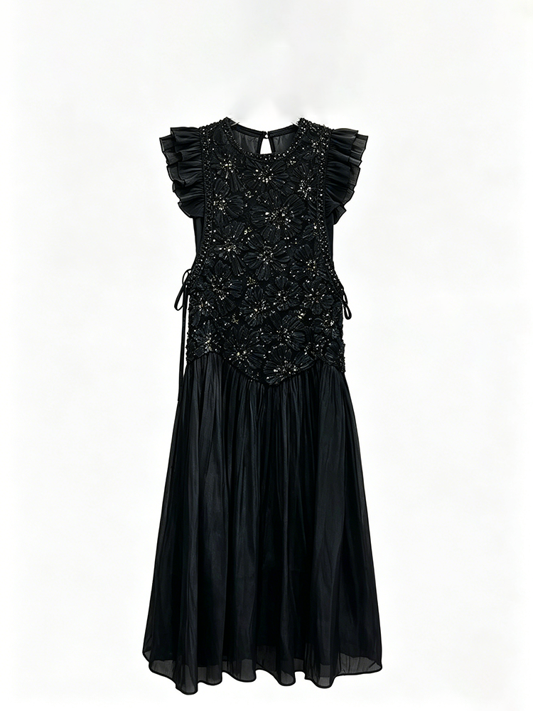 TWOTWINSTYLE Ruffled Sleeves Appliques Patchwork Lace Up Midi Dress