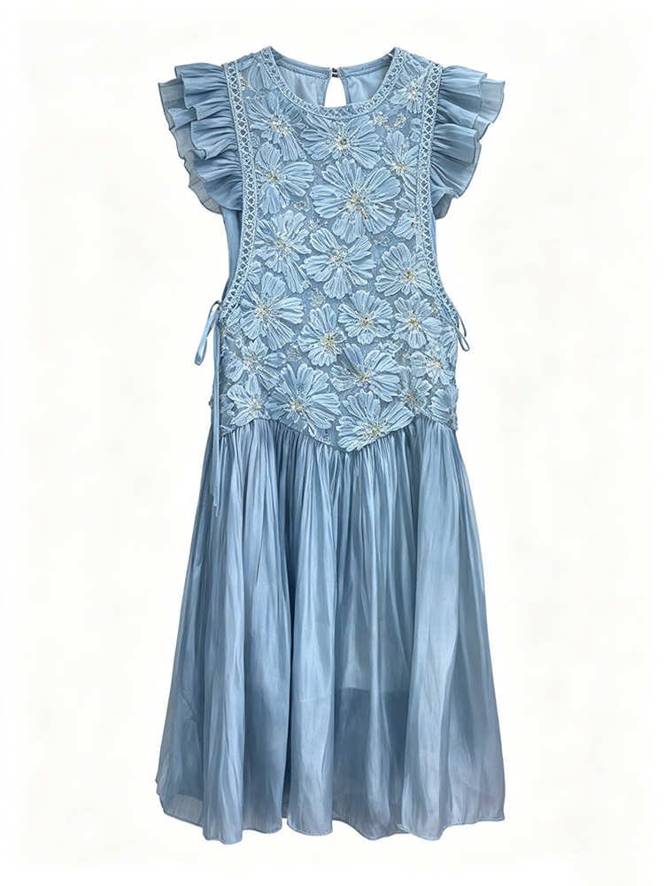 TWOTWINSTYLE Ruffled Sleeves Appliques Patchwork Lace Up Midi Dress