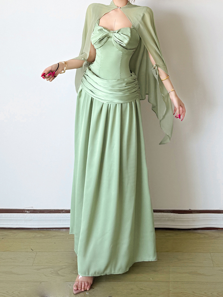 TWOTWINSTYLE Solid Sleeveless Backless Bow Tunic Pleated Chic Dress