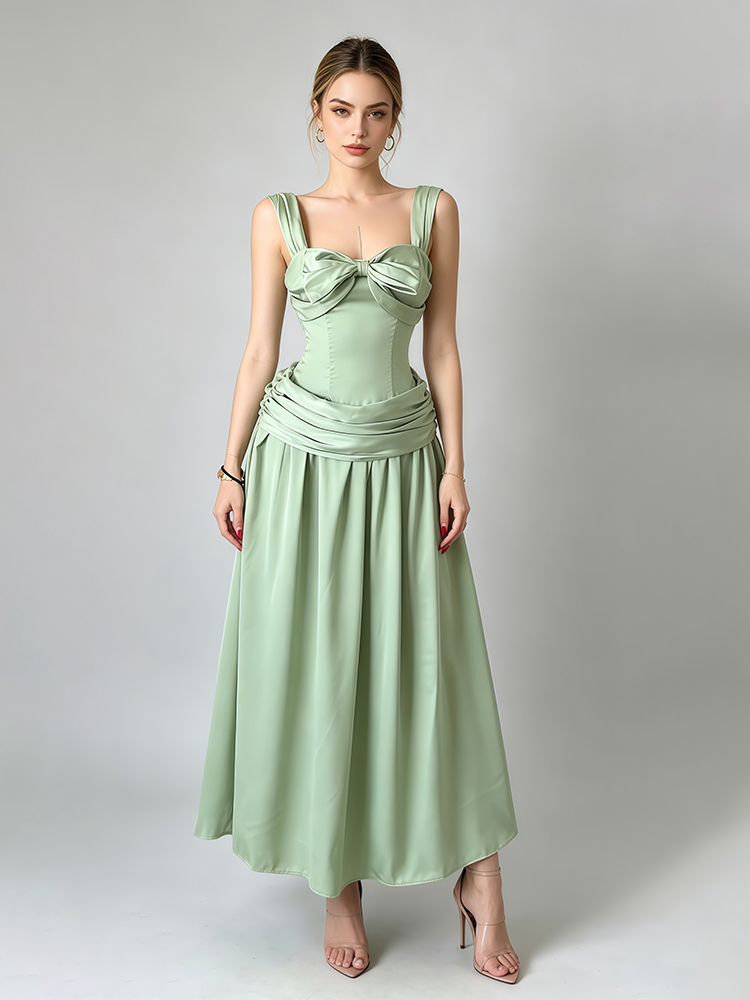 TWOTWINSTYLE Solid Sleeveless Backless Bow Tunic Pleated Chic Dress