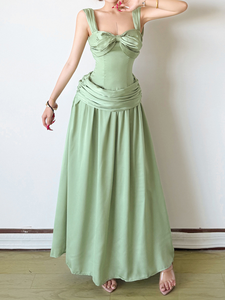 TWOTWINSTYLE Solid Sleeveless Backless Bow Tunic Pleated Chic Dress