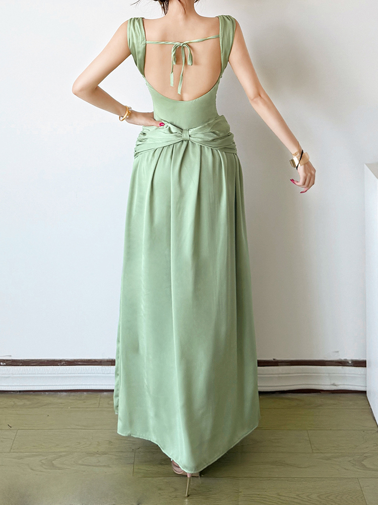 TWOTWINSTYLE Solid Sleeveless Backless Bow Tunic Pleated Chic Dress