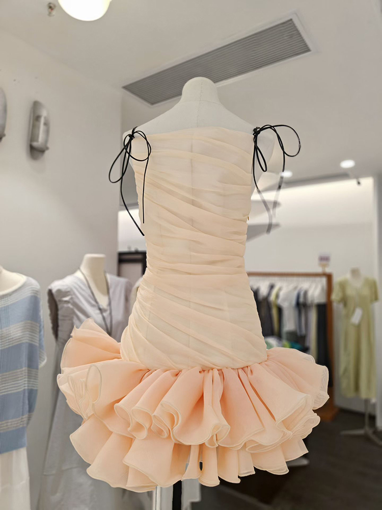 TWOTWINSTYLE Spliced Lace Up Off Shoulder Ruched Ruffled Hem Mini Dress