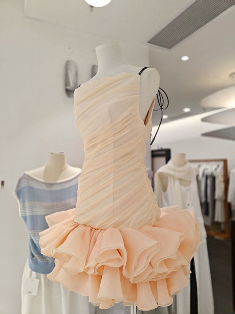 TWOTWINSTYLE Spliced Lace Up Off Shoulder Ruched Ruffled Hem Mini Dress