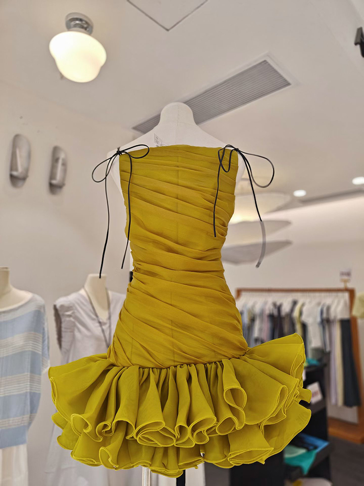 TWOTWINSTYLE Spliced Lace Up Off Shoulder Ruched Ruffled Hem Mini Dress