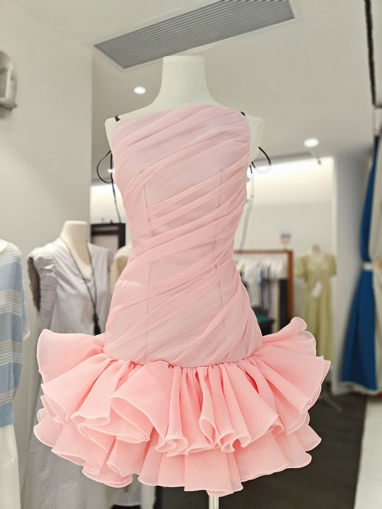 TWOTWINSTYLE Spliced Lace Up Off Shoulder Ruched Ruffled Hem Mini Dress