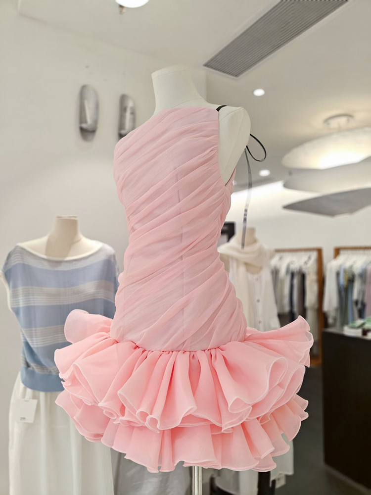 TWOTWINSTYLE Spliced Lace Up Off Shoulder Ruched Ruffled Hem Mini Dress