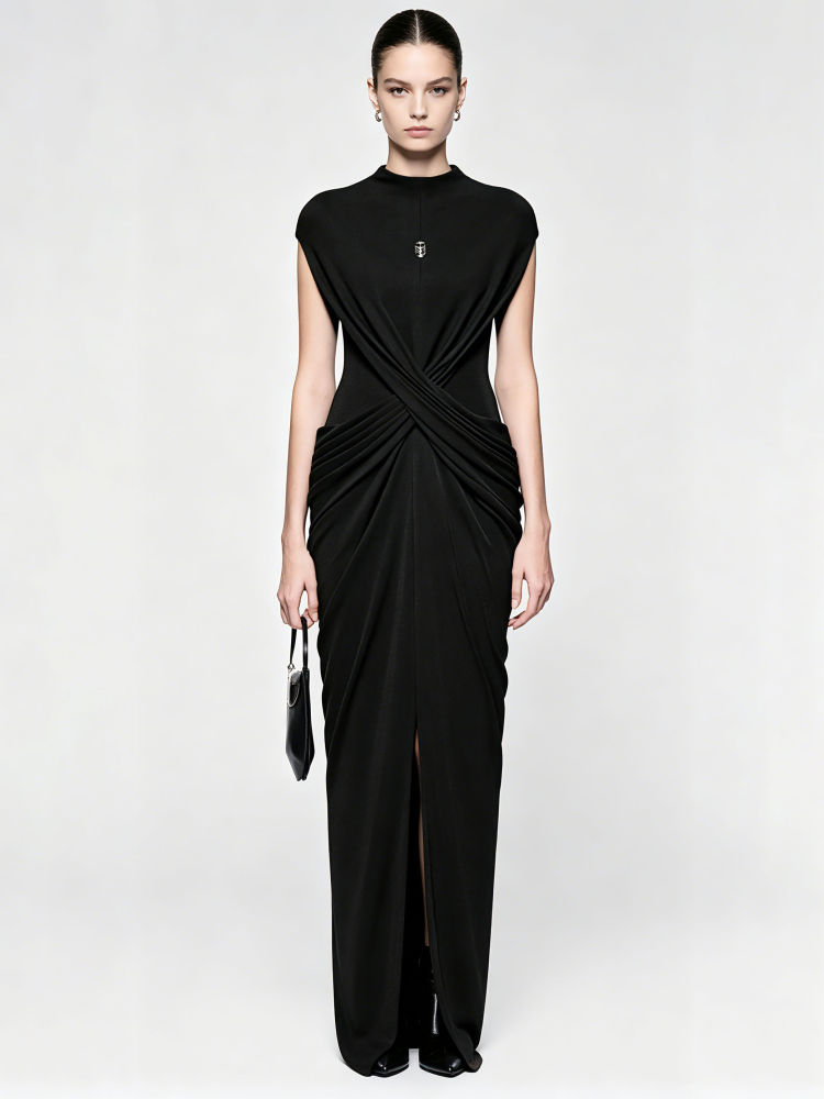 TWOTWINSTYLE Stand Collar Spliced Metal Pleated Vintage Dress