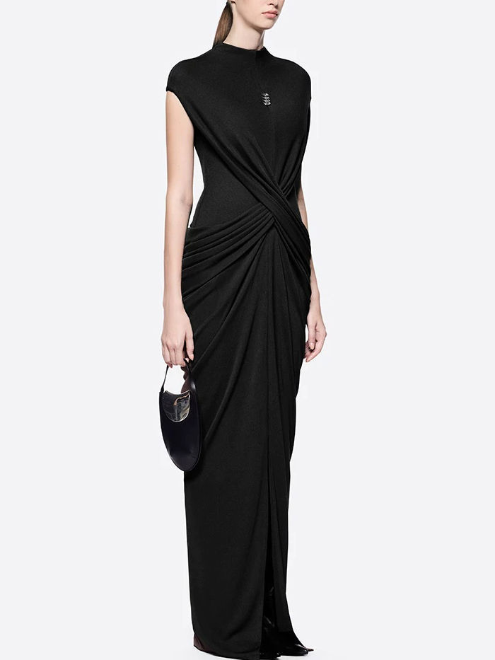 TWOTWINSTYLE Stand Collar Spliced Metal Pleated Vintage Dress