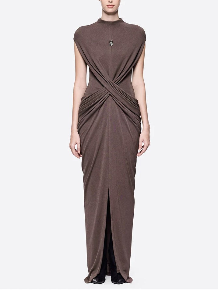 TWOTWINSTYLE Stand Collar Spliced Metal Pleated Vintage Dress