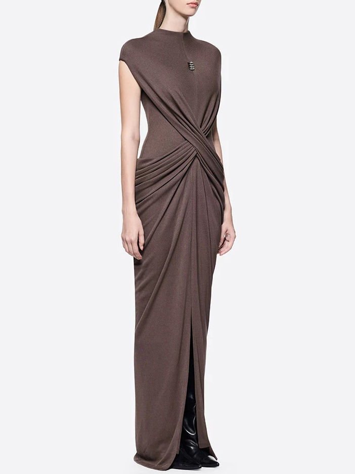 TWOTWINSTYLE Stand Collar Spliced Metal Pleated Vintage Dress
