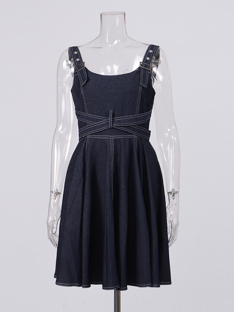 TWOTWINSTYLE Solid Sleeveles High Waist Designer Denim Dress