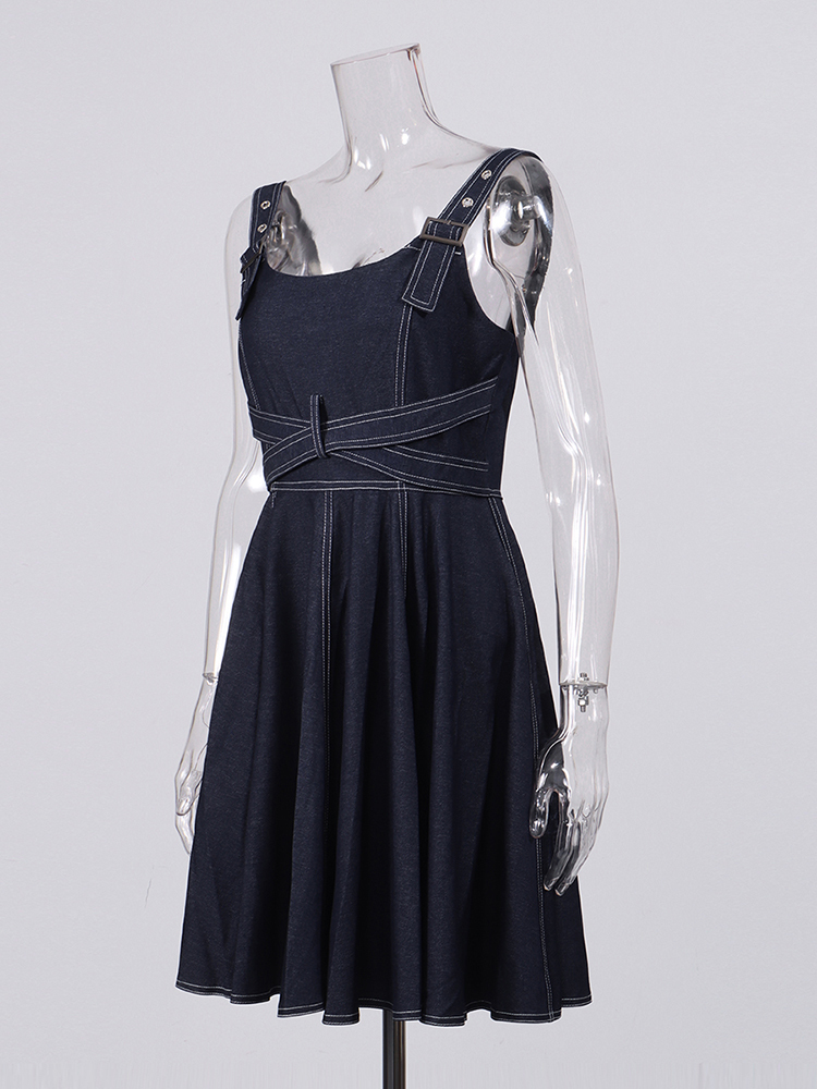 TWOTWINSTYLE Solid Sleeveles High Waist Designer Denim Dress