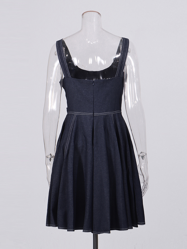 TWOTWINSTYLE Solid Sleeveles High Waist Designer Denim Dress