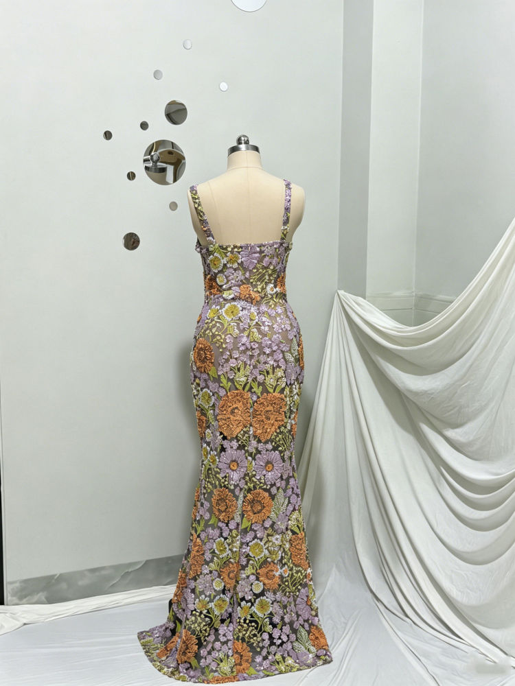 TWOTWINSTYLE Off Shoulder Patchwork Appliques Side Split Elegant Dress