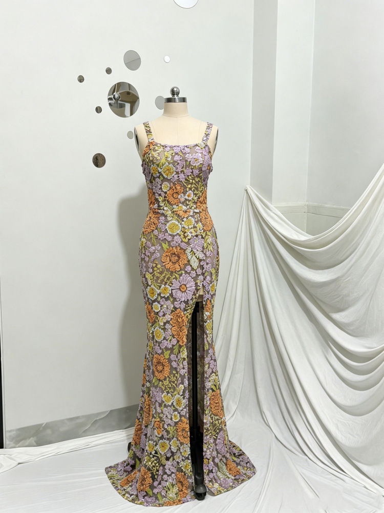 TWOTWINSTYLE Off Shoulder Patchwork Appliques Side Split Elegant Dress