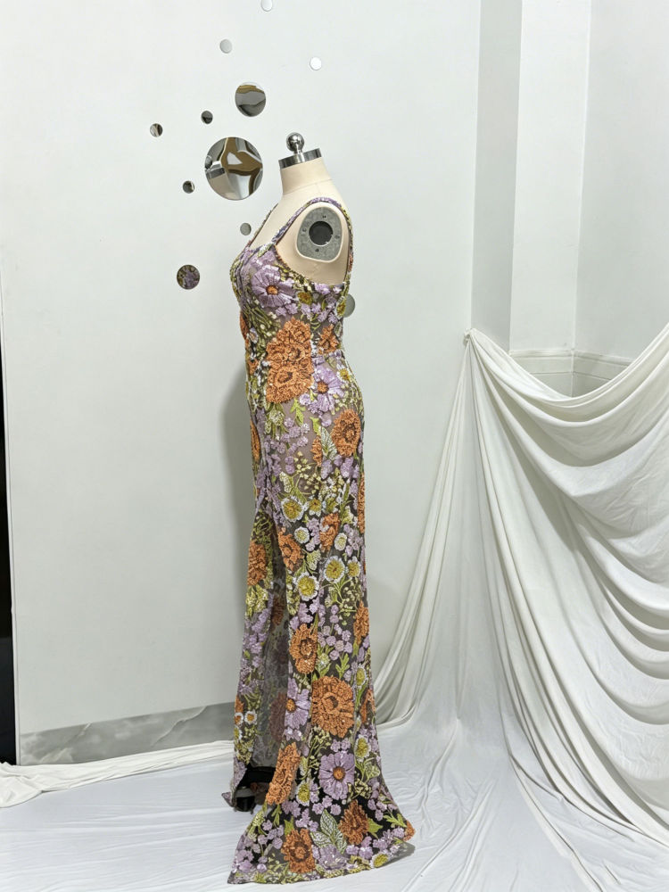 TWOTWINSTYLE Off Shoulder Patchwork Appliques Side Split Elegant Dress