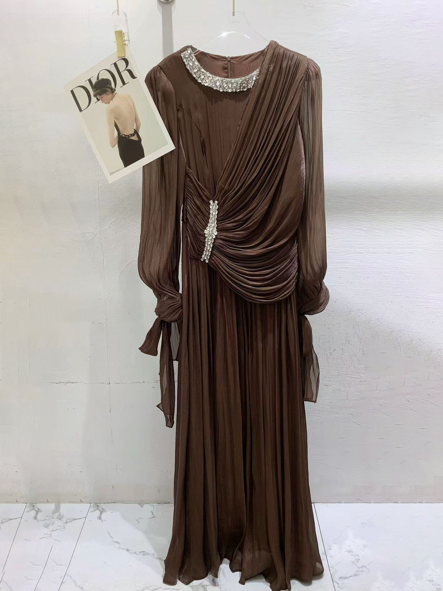 TWOTWINSTYLE Round Neck Long Sleeve Spliced Diamond Chic Dress