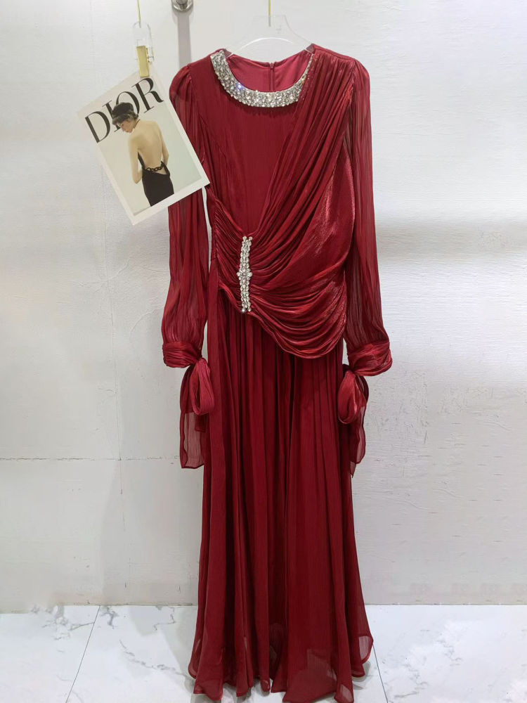 TWOTWINSTYLE Round Neck Long Sleeve Spliced Diamond Chic Dress