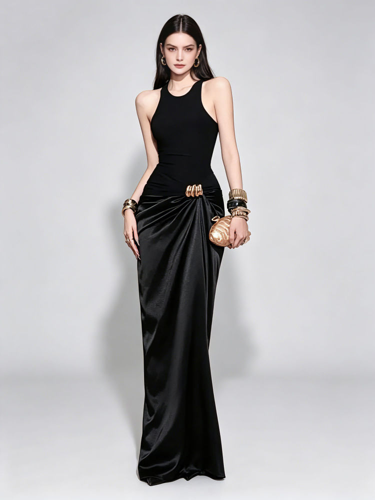 TWOTWINSTYLE Round Neck Pleated Spliced Mesh Vintage Dress