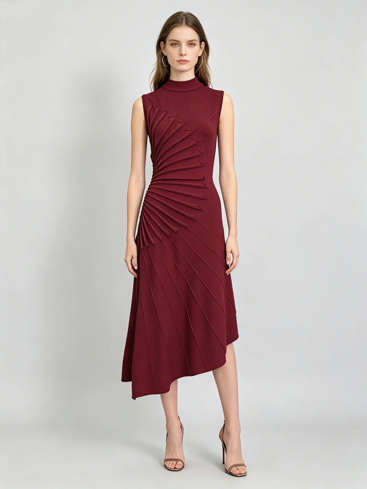 TWOTWINSTYLE Sleeveles High Waist Pleated Irregular Hem Design Dress