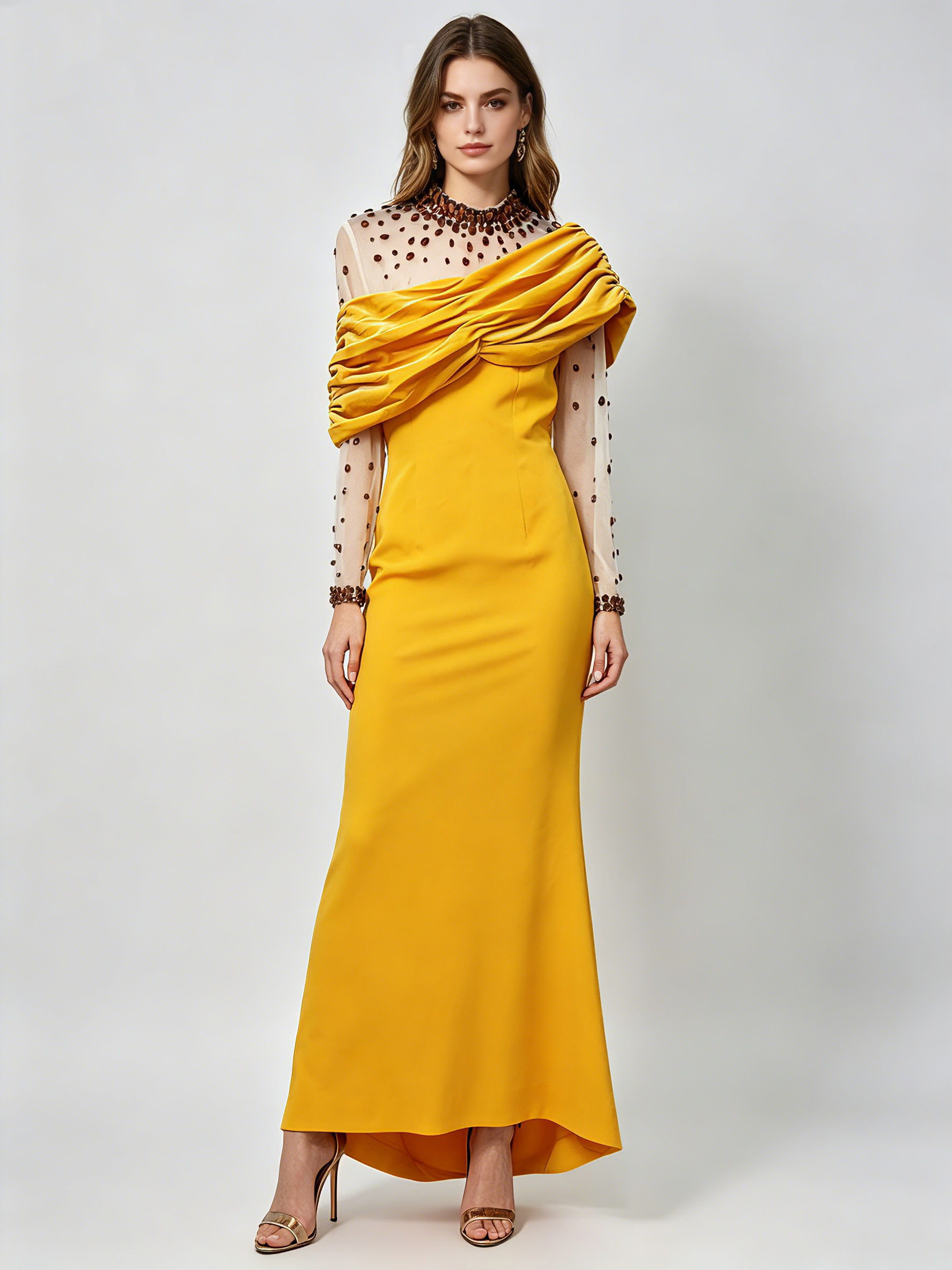 TWOTWINSTYLE Stand Collar Long Sleeve Patchwork Mesh Diamond Vintage Dress