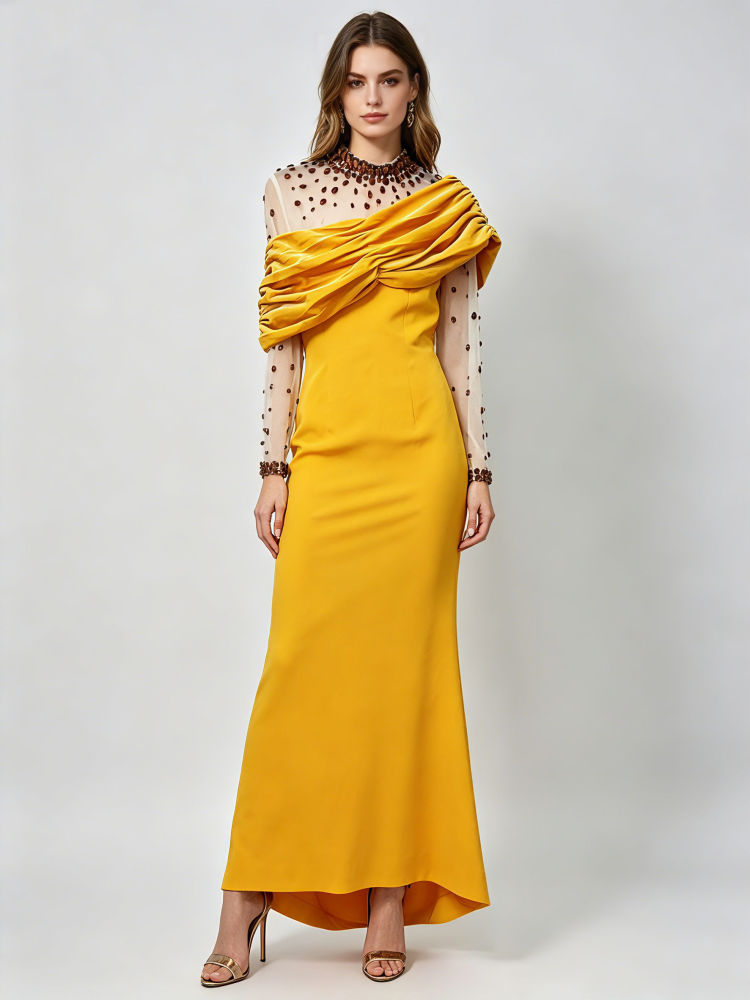 TWOTWINSTYLE Stand Collar Long Sleeve Patchwork Mesh Diamond Vintage Dress