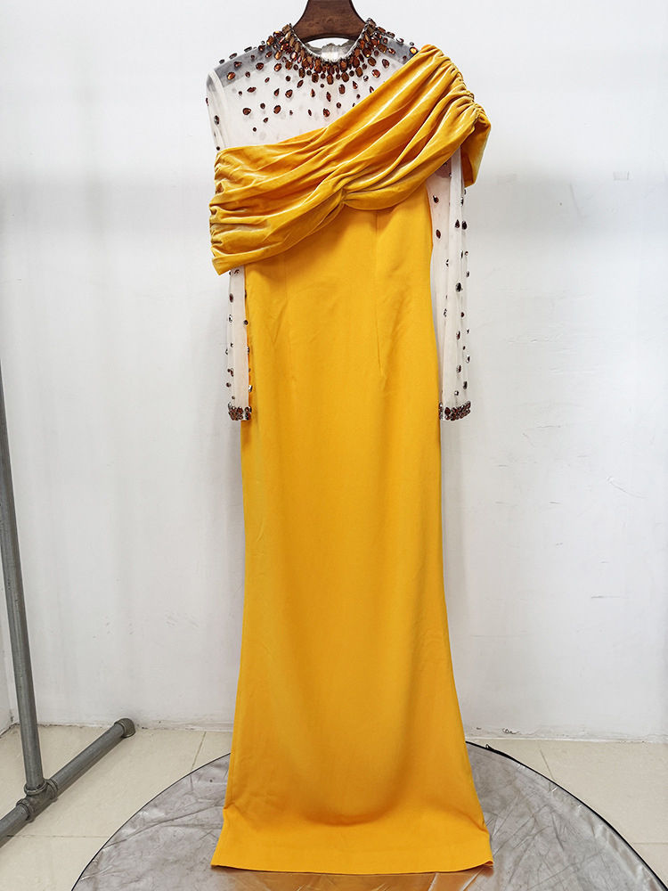 TWOTWINSTYLE Stand Collar Long Sleeve Patchwork Mesh Diamond Vintage Dress