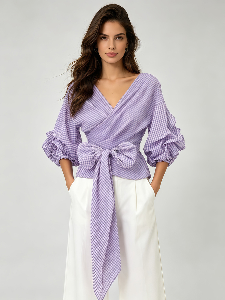 TWOTWINSTYLE V Neck Puff Sleeves Tunic Bowknot Chic Shirt
