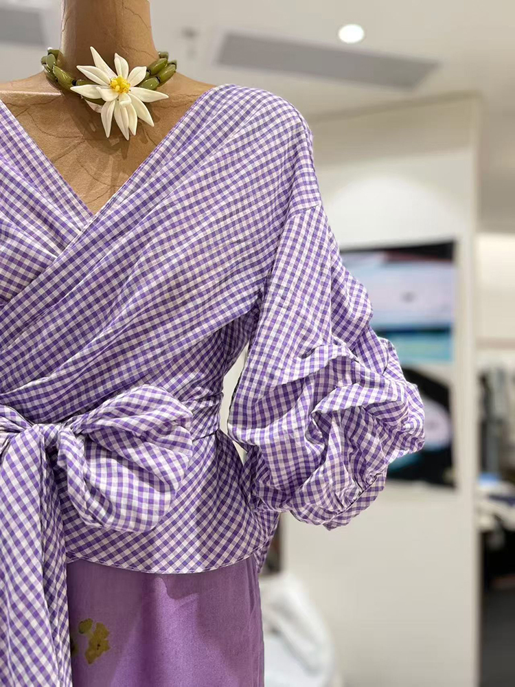 TWOTWINSTYLE V Neck Puff Sleeves Tunic Bowknot Chic Shirt