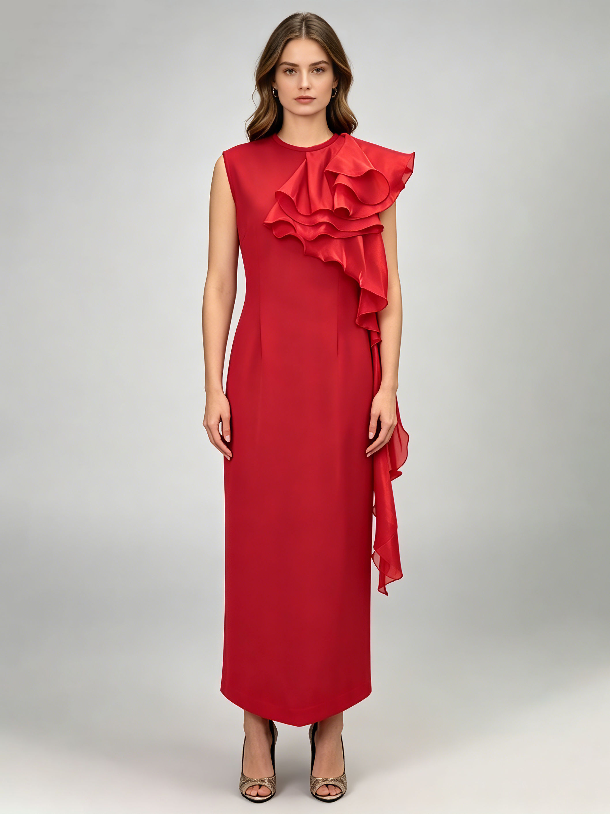 TWOTWINSTYLE Round Neck Sleeveles Spliced Ruffles Elegant Dress