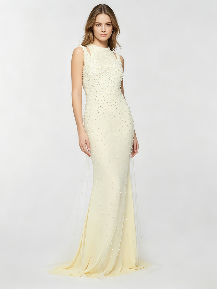TWOTWINSTYLE Sleeveless Pearl-Embellished Patchwork Mesh Elegant Dress